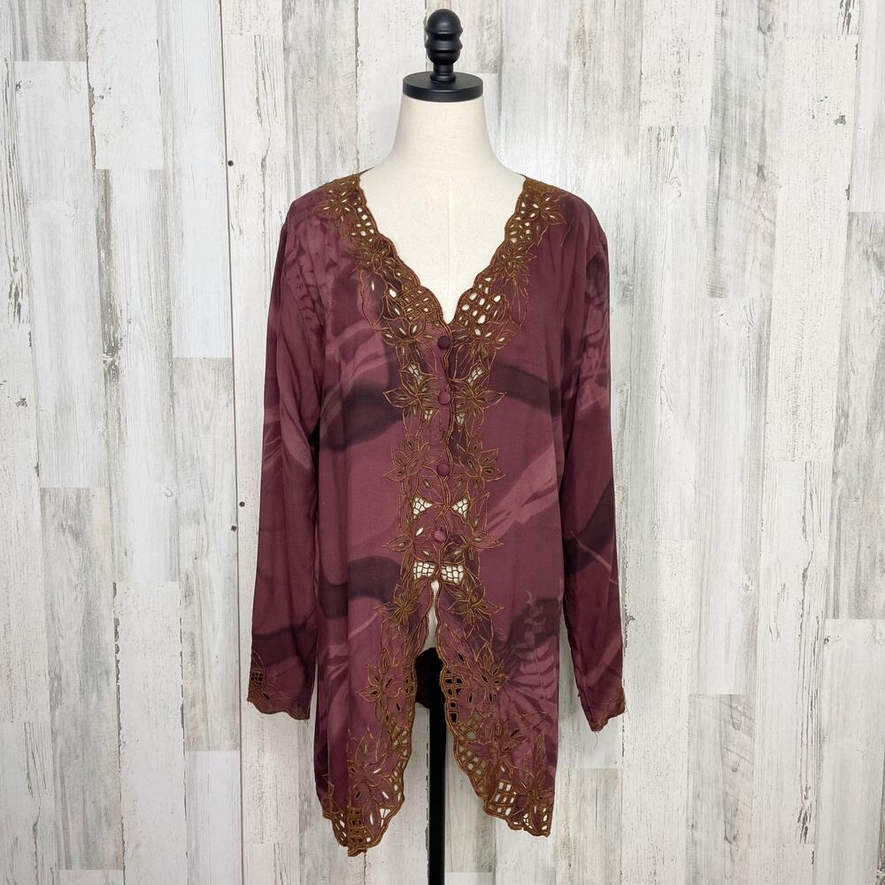 Papillon Embroidered Blouse Brown Tie Dye Button Front Boho Fairy Size M